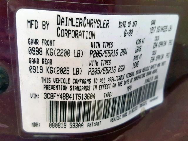 3C8FY4BB41T513604 - 2001 CHRYSLER PT CRUISER PURPLE photo 10