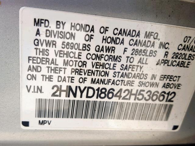 2HNYD18642H536612 - 2002 ACURA MDX TOURIN SILVER photo 10