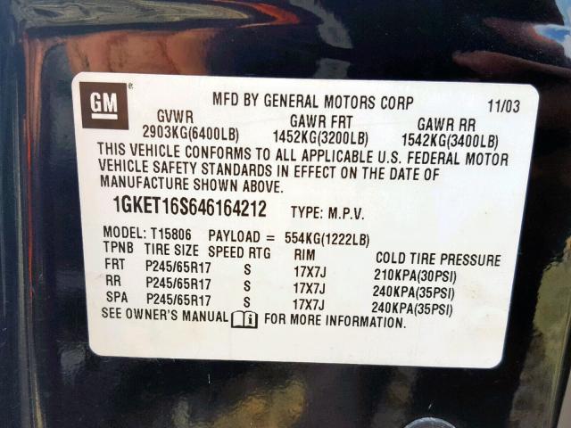 1GKET16S646164212 - 2004 GMC ENVOY XL BLACK photo 10