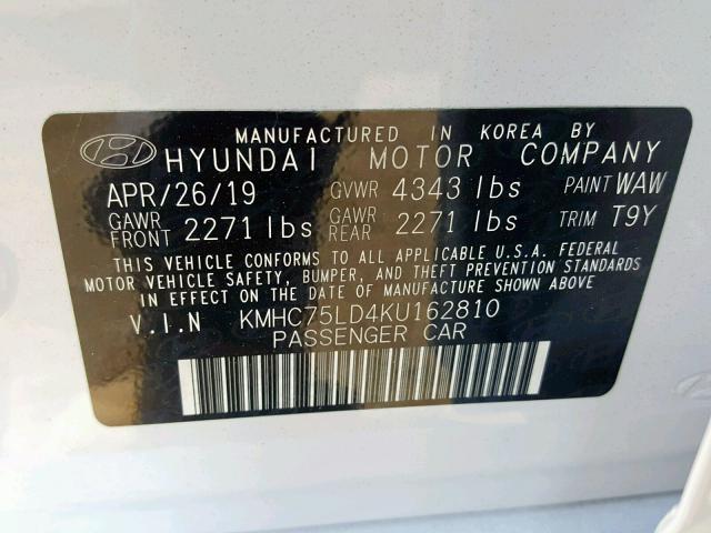 KMHC75LD4KU162810 - 2019 HYUNDAI IONIQ LIMI WHITE photo 10