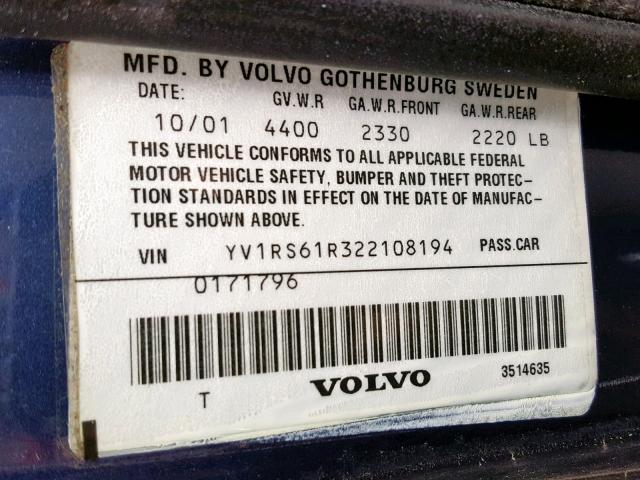 YV1RS61R322108194 - 2002 VOLVO S60 BLUE photo 10