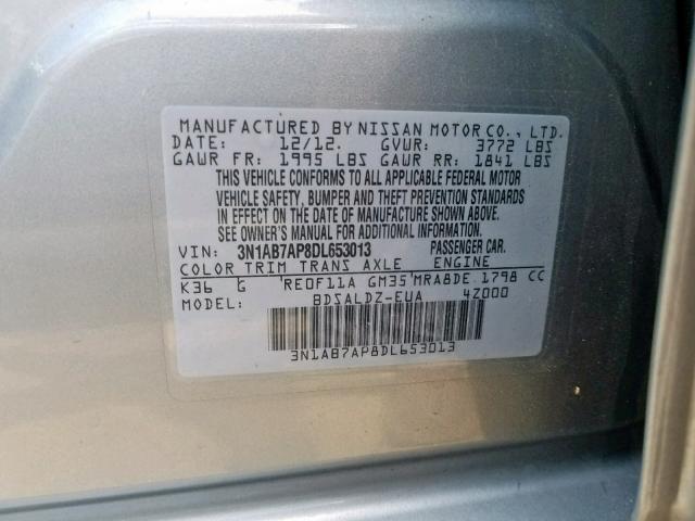 3N1AB7AP8DL653013 - 2013 NISSAN SENTRA S SILVER photo 10