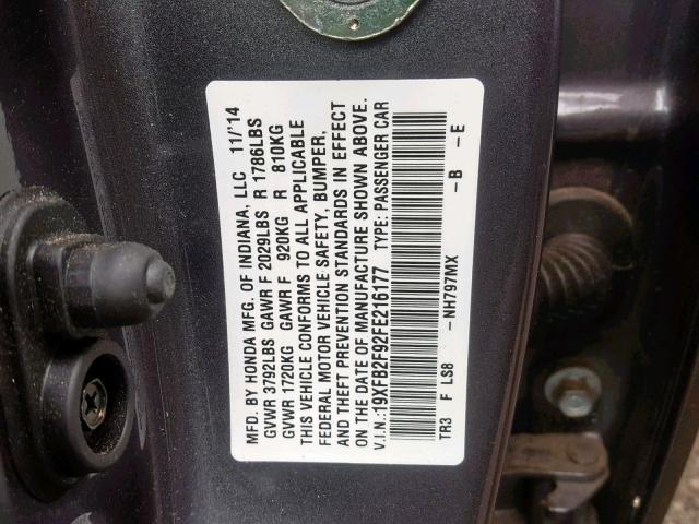 19XFB2F92FE216177 - 2015 HONDA CIVIC EXL 灰色 照片 10