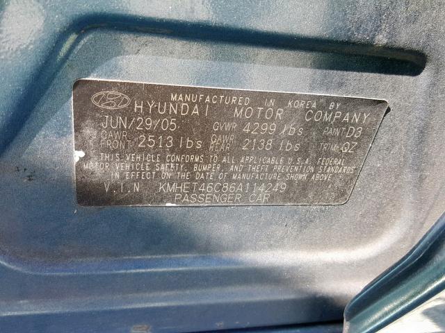 KMHET46C86A114249 - 2006 HYUNDAI SONATA GL BLUE photo 10