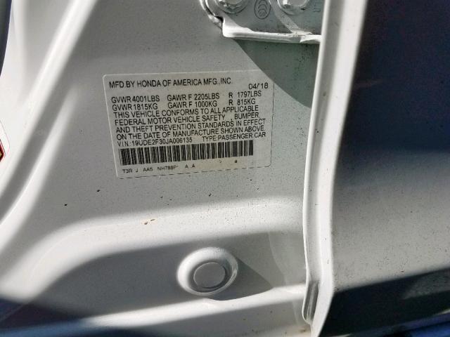 19UDE2F30JA006135 - 2018 ACURA ILX BASE W Ağ foto 10