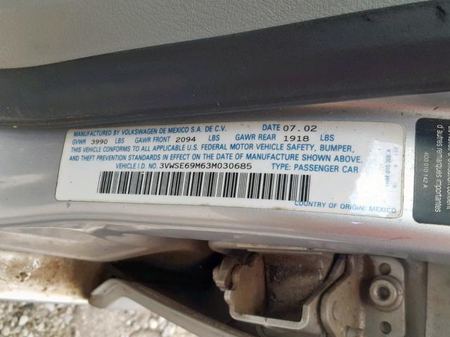 3VWSE69M63M030685 - 2003 VOLKSWAGEN JETTA GLS SILVER photo 10