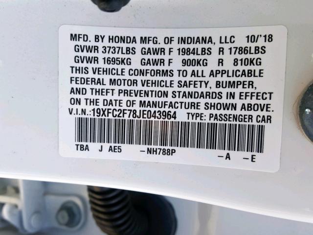 19XFC2F78JE043964 - 2018 HONDA CIVIC EX WHITE photo 10