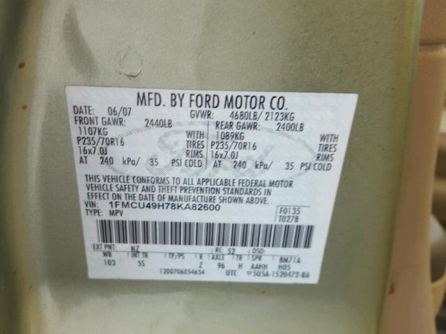 1FMCU49H78KA82600 - 2008 FORD ESCAPE HEV GREEN photo 10