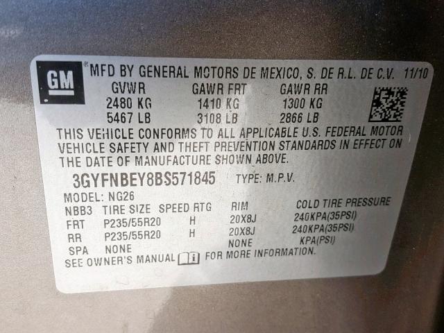 3GYFNBEY8BS571845 - 2011 CADILLAC SRX PERFOR 棕色 照片 10