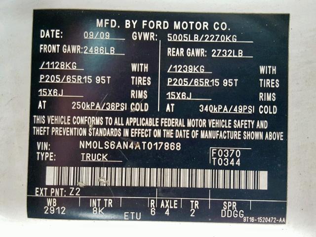 NM0LS6AN4AT017868 - 2010 FORD TRANSIT CO WHITE photo 10