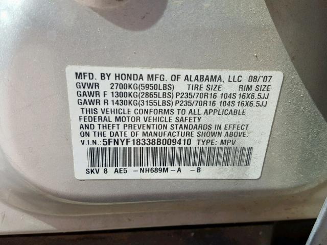 5FNYF18338B009410 - 2008 HONDA PILOT SE SILVER photo 10