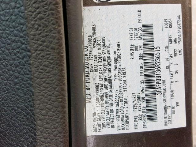 3FAFP08136R236515 - 2006 FORD FUSION SEL GRAY photo 10