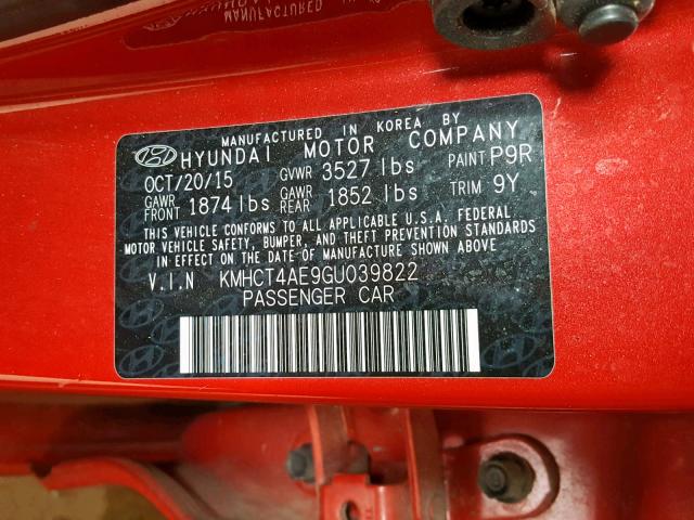 KMHCT4AE9GU039822 - 2016 HYUNDAI ACCENT SE RED photo 10