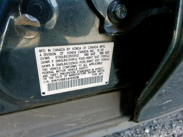 2HNYD188X4H515218 - 2004 ACURA MDX TOURIN GRAY photo 10