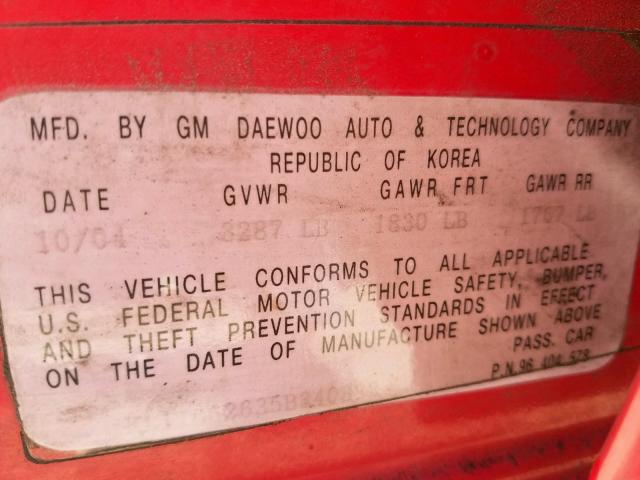 KL1TD62635B340882 - 2005 CHEVROLET AVEO BASE Қызыл фото 10