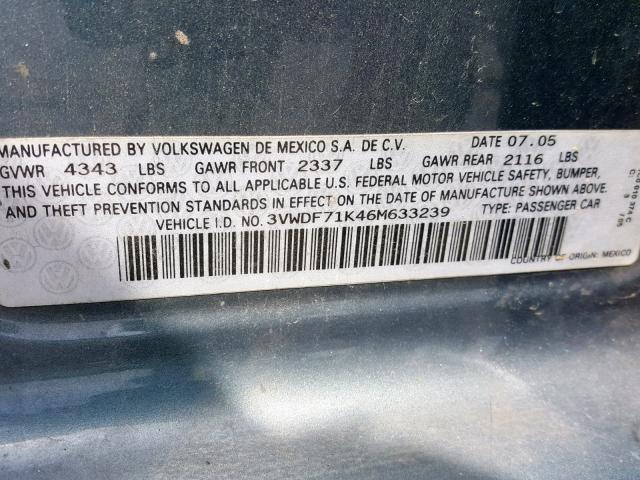 3VWDF71K46M633239 - 2006 VOLKSWAGEN JETTA 2.5L GRAY photo 10