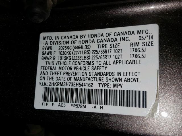 2HKRM3H73EH544162 - 2014 HONDA CR-V EXL GRAY photo 10