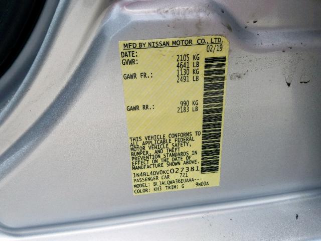 1N4BL4EV0KC114874 - 2019 NISSAN ALTIMA SL SILVER photo 10