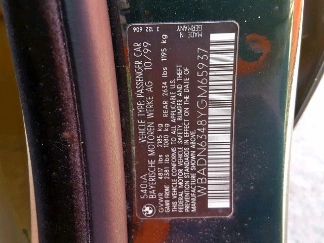 WBADN6348YGM65937 - 2000 BMW 540 I AUTO GREEN photo 10