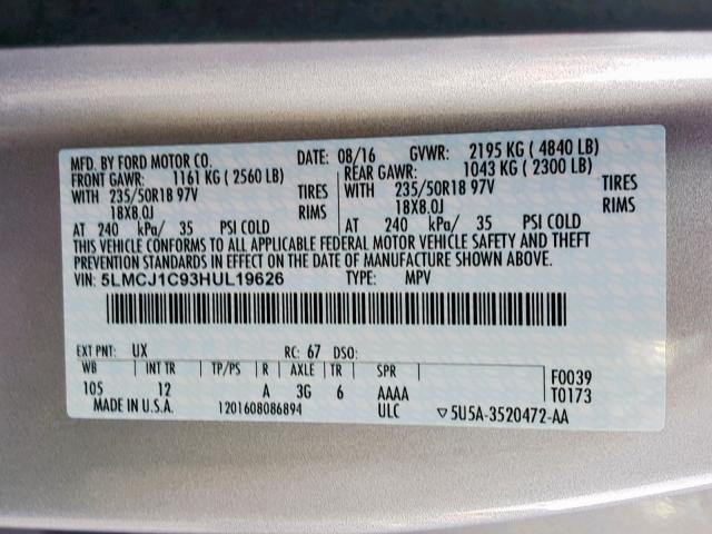 5LMCJ1C93HUL19626 - 2017 LINCOLN MKC PREMIE SILVER photo 10