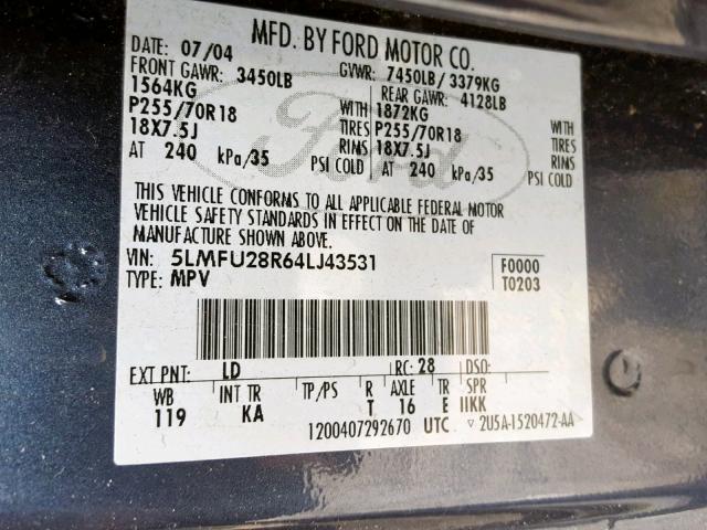 5LMFU28R64LJ43531 - 2004 LINCOLN NAVIGATOR ლურჯი ფოტო 10