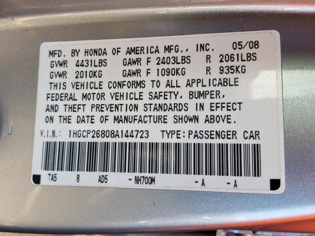 1HGCP26808A144723 - 2008 HONDA ACCORD EXL SILVER photo 10