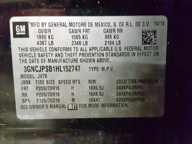 3GNCJPSB1HL152747 - 2017 CHEVROLET TRAX 1LT BLACK photo 10