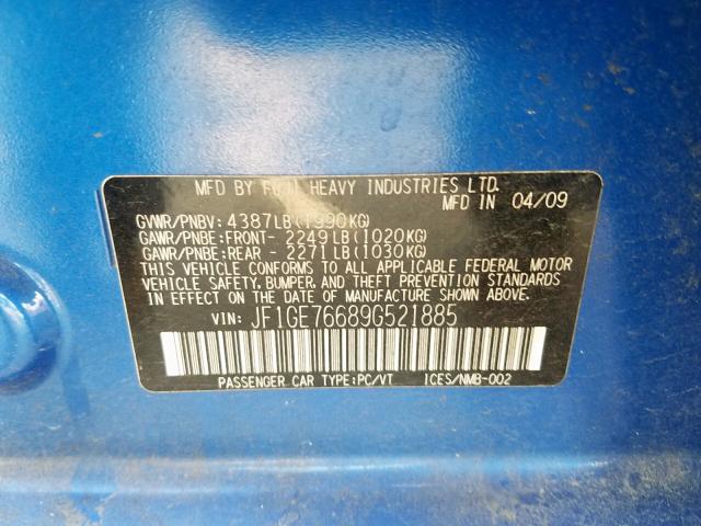 JF1GE76689G521885 - 2009 SUBARU IMPREZA WR BLUE photo 10