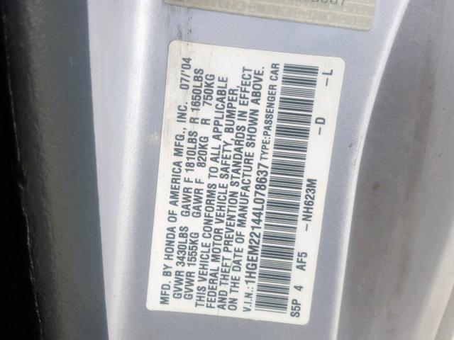 1HGEM22144L078637 - 2004 HONDA CIVIC DX V SILVER photo 10