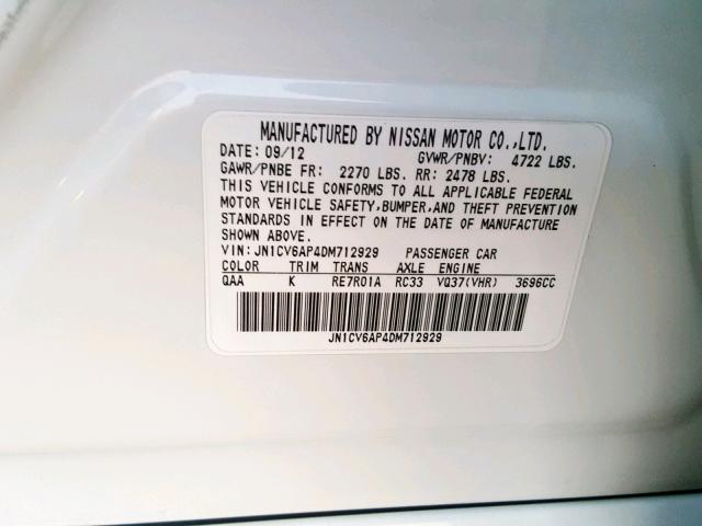 JN1CV6AP4DM712929 - 2013 INFINITI G37 BASE WHITE photo 10