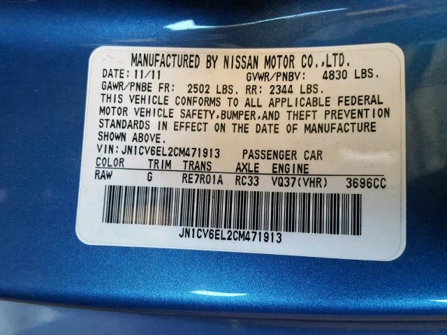 JN1CV6EL2CM471913 - 2012 INFINITI G37 BLUE photo 10