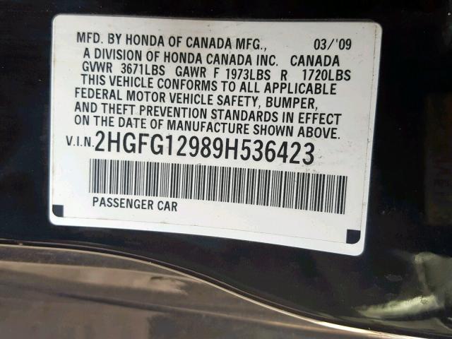 2HGFG12989H536423 - 2009 HONDA CIVIC EXL 黑色 照片 10