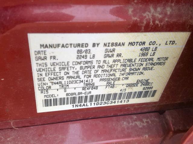 1N4AL11D23C341413 - 2003 NISSAN ALTIMA BAS RED photo 10