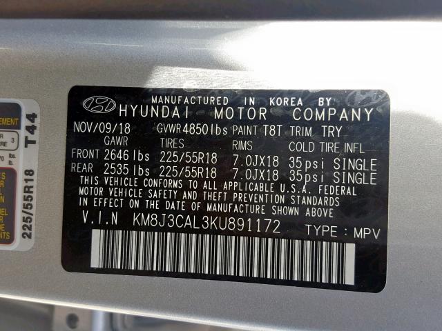 KM8J3CAL3KU891172 - 2019 HYUNDAI TUCSON LIM SILVER photo 10