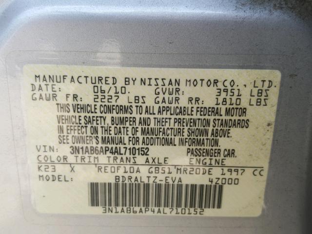 3N1AB6AP4AL710152 - 2010 NISSAN SENTRA 2.0 SILVER photo 10