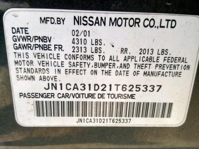 JN1CA31D21T625337 - 2001 NISSAN MAXIMA GXE GRAY photo 10