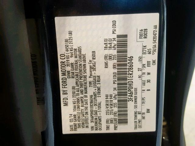 3FA6P0HD1ER286046 - 2014 FORD FUSION SE BLACK photo 10