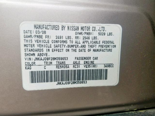 JNKAJ09F28M359653 - 2008 INFINITI EX35 BASE TAN photo 10
