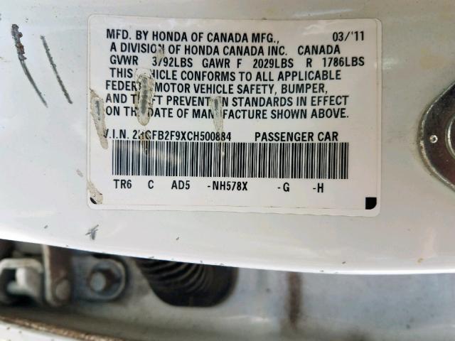 2HGFB2F9XCH500884 - 2012 HONDA CIVIC EXL 白色 照片 10