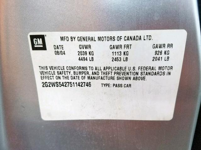 2G2WS542751142746 - 2005 PONTIAC GRAND PRIX SILVER photo 10