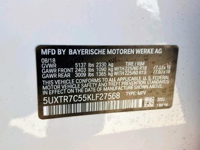 5UXTR7C55KLF27568 - 2019 BMW X3 SDRIVE3 WHITE photo 10