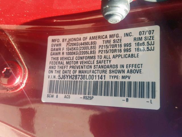 5J6YH28738L001141 - 2008 HONDA ELEMENT EX RED photo 10