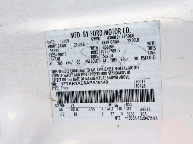 1FTKR1AD8APA16140 - 2010 FORD RANGER WHITE photo 10