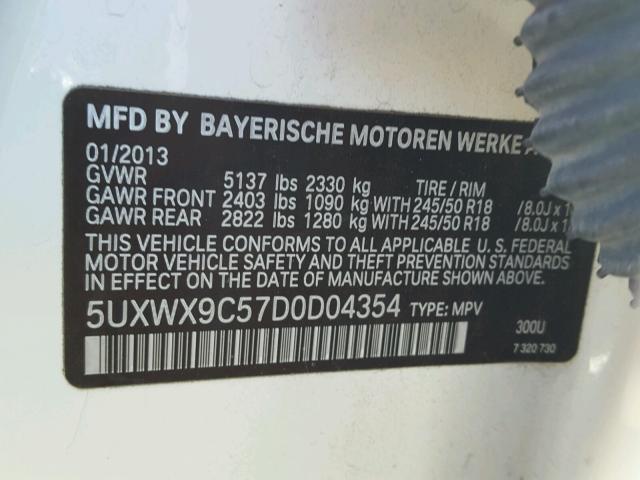 5UXWX9C57D0D04354 - 2013 BMW X3 XDRIVE2 WHITE photo 10