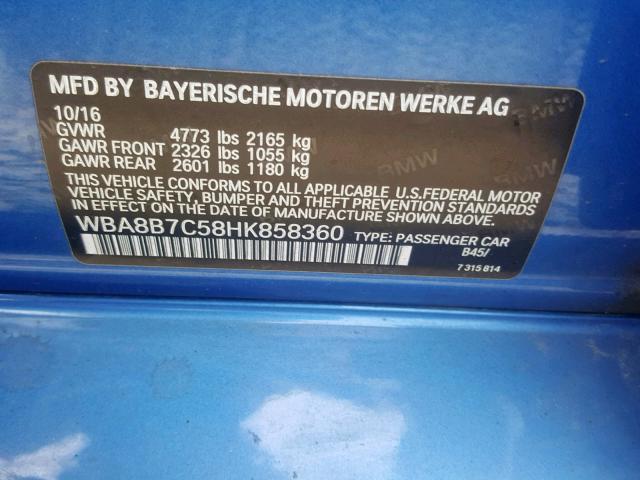 WBA8B7C58HK858360 - 2017 BMW 340 XI BLUE photo 10