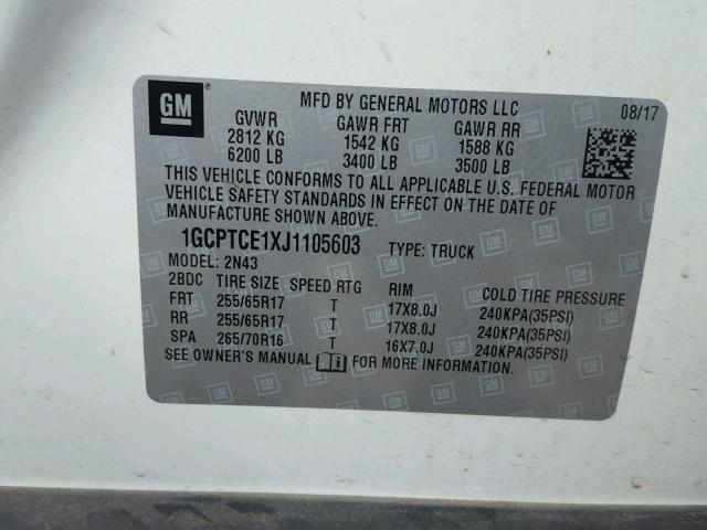 1GCPTCE1XJ1105603 - 2018 CHEVROLET COLORADO L WHITE photo 10