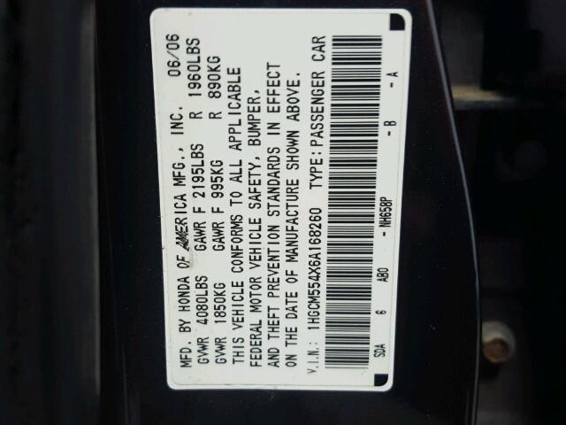 1HGCM554X6A168260 - 2006 HONDA ACCORD LX GRAY photo 10