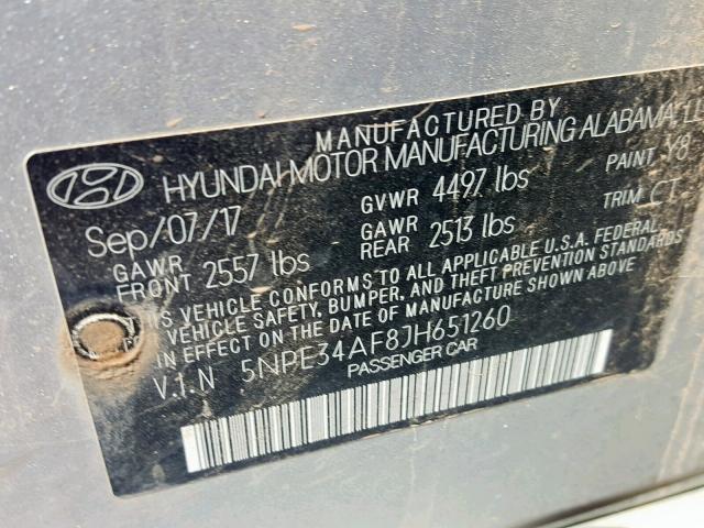 5NPE34AF8JH651260 - 2018 HYUNDAI SONATA SPO SILVER photo 10