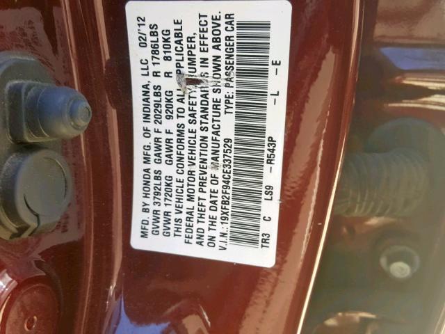 19XFB2F94CE337529 - 2012 HONDA CIVIC EXL Bordo foto 10