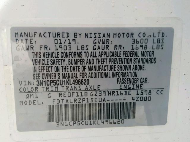 3N1CP5CU1KL496620 - 2019 NISSAN KICKS S WHITE photo 10